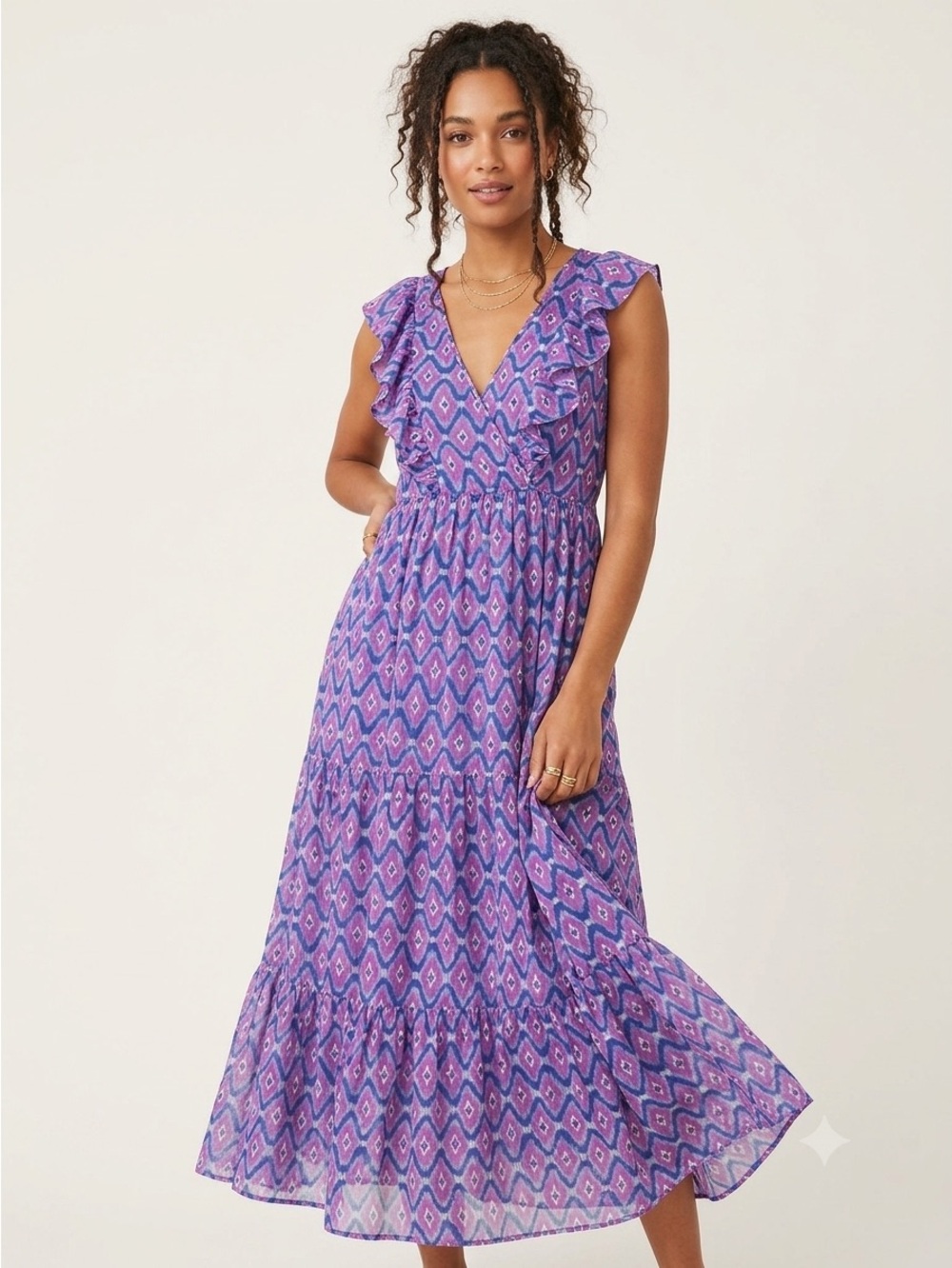 Banjanan Orion Dress Tiered Ruffle Cotton Maxi Midi in Purple Pink Size Large